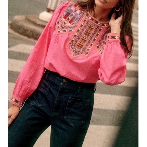 Sezane‎ Tam Long Sleeve Blouse Embroidered Bib And Cuffs Pink Size 46 US 14